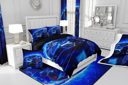 Feelyou Kids Boys Sports Car 7 Piece Bedding Set Full Size Blue Race Car Comforter Set with Sheets for Kids Teens Boys Girls Extreme Sports Theme Bed in a Bag Speed Luxury Car Bed Set