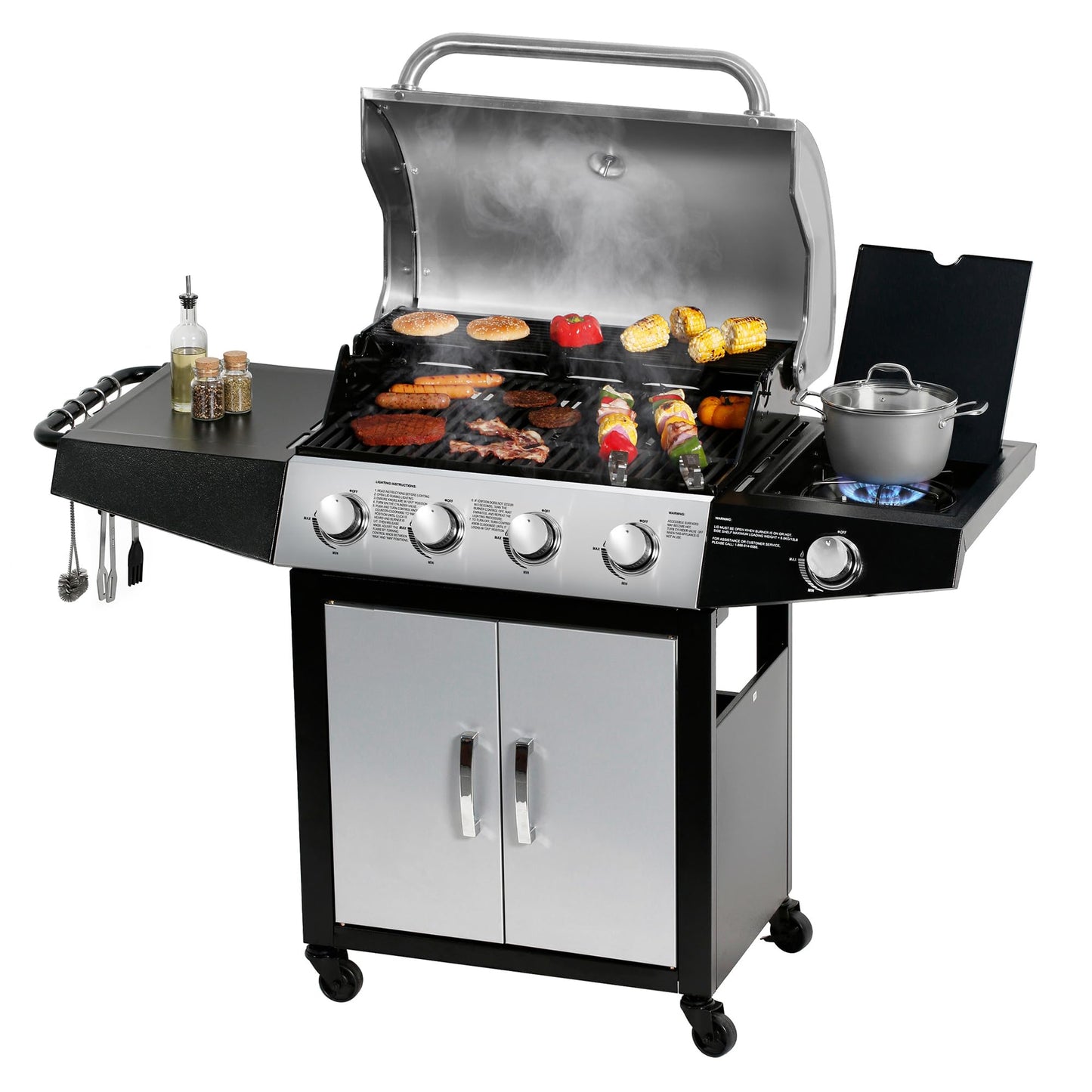 MASTER COOK 4+1 Burners Gas Grill, 518 Sqin Cooking Area, 52,000 BTU Propane Grill with Side Burner, Stainless Steel Cabinet Grill, Silver & Black