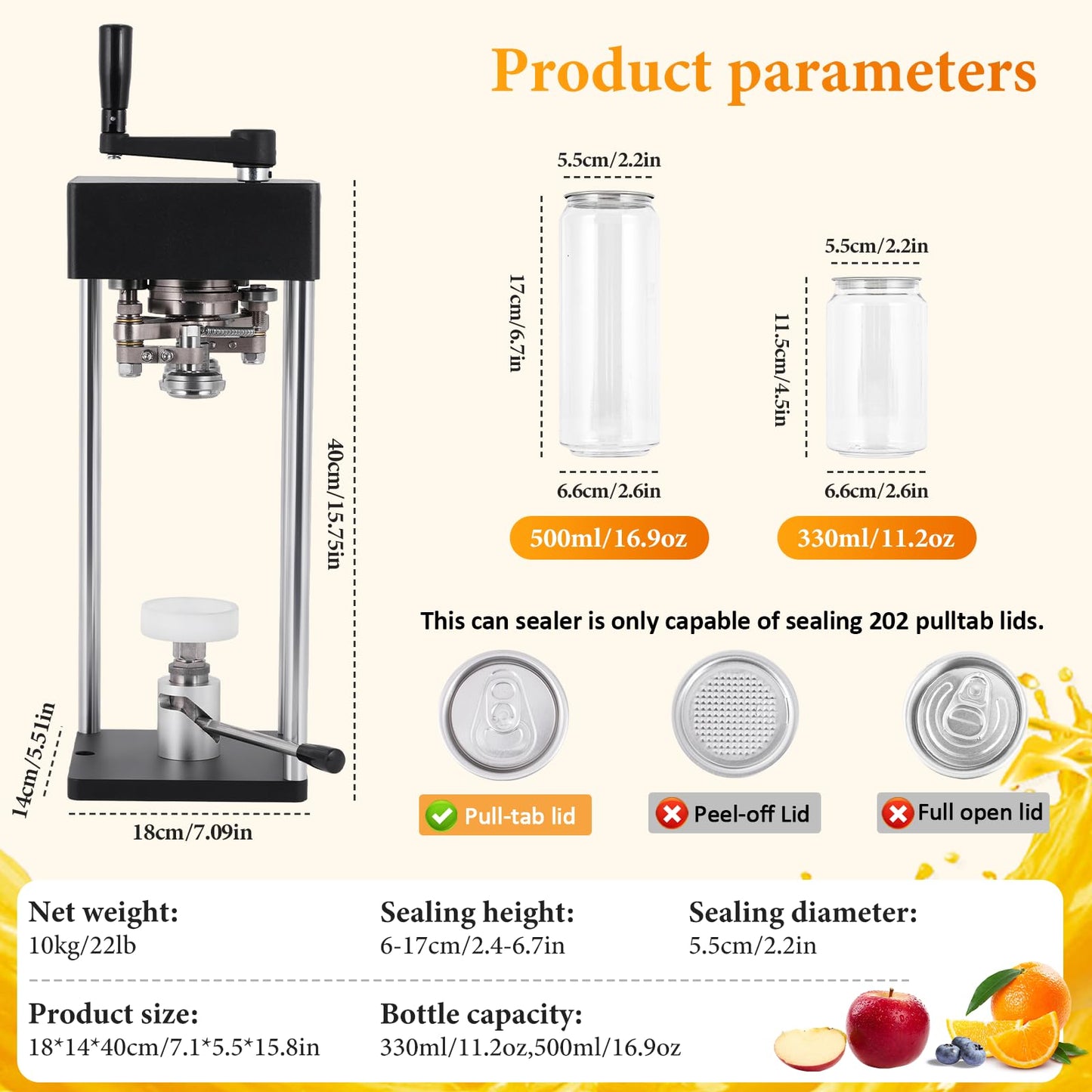 Manual Can Sealer Machine, 2.2'' caliber Cup Sealer, No Electricity Needed with Adjustable Height for 11.2/16.9oz Bottles, Table Mountable for Bubble Tea, Coffee, Smoothie Shop & Home Use