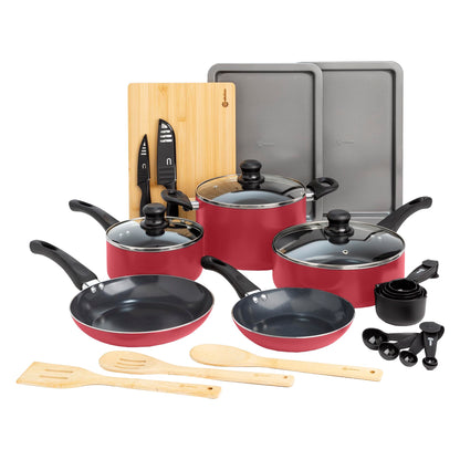Ecolution Easy Clean Ceramic Nonstick Cookware Set, Dishwasher Safe Kitchen Pots and Pans Set, Comfort Grip Handle, Even Heating, Ultimate Food Release, 26-Piece, Red