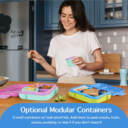 Caperci Bento Lunch Box for Kids - Large 4.8 Cups Lunch Container with 2 Modular Containers - 4 Compartments, Leak-Proof, Portable Handle, Microwave/Dishwasher Safe (Blue/Juicy Pear)