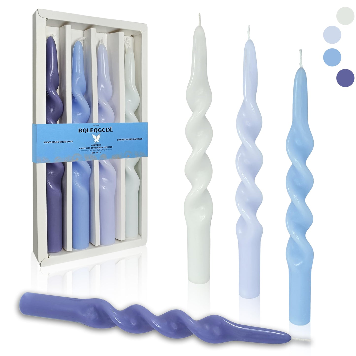 BALEAGCDL Unscented Twisted Taper Candle Gradient Blue Spiral Candlesticks 10 Inch Handmade Smokeless Dinner Long Candles Set for Holiday Wedding Party Gift Home Decoration