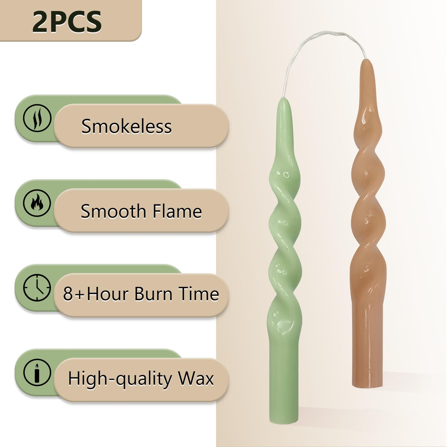 XINAOBAOLUO Spiral Taper Candles Twisted Candlestick 10 Inch Tall Candle Stick Smokeless Wax Candle Unscented Long Candles for Home Decoration Holiday Wedding Party, Brown & Green