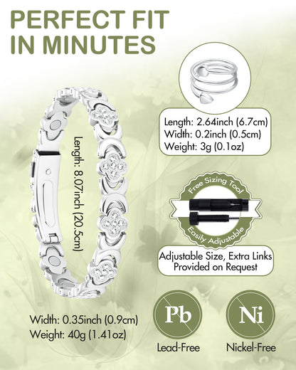 Feraco Pure Copper Bracelets & Rings for Women, Ultra Strength Magnetic Bracelet for Women with Neodymium Magnets & Sparkling Cubic Zirconia, Adjustable, Infinite Clover Jewelry (Silver)