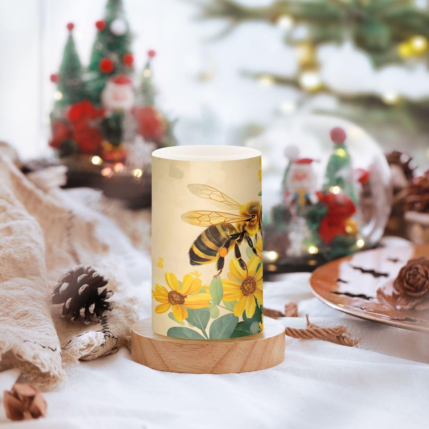ALAZA Honey Bee Sunflower Flameless Candles Flickering LED Candles with Remote Timer Battery Operated Pillar Candles Set of 2 for Dinner Holiday Decor