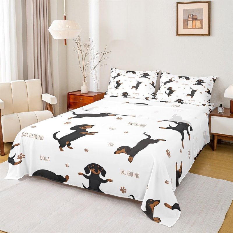 Feelyou Sausage Dog Bed Sheets Set Boys Dachshund Sheet Set for Kids Ultra Soft Puppy Dog Sheets with Deep Pocket Fitted Sheet Kawaii Pet Brown Bedding Set Room Decor Queen