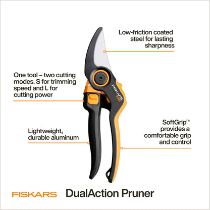 Fiskars DualAction Pruner – Hand Pruner with Two Cutting Modes, Bypass Garden Pruner for Stems and Branches up to 1", Low-Friction Steel Blade, FiberComp Frame