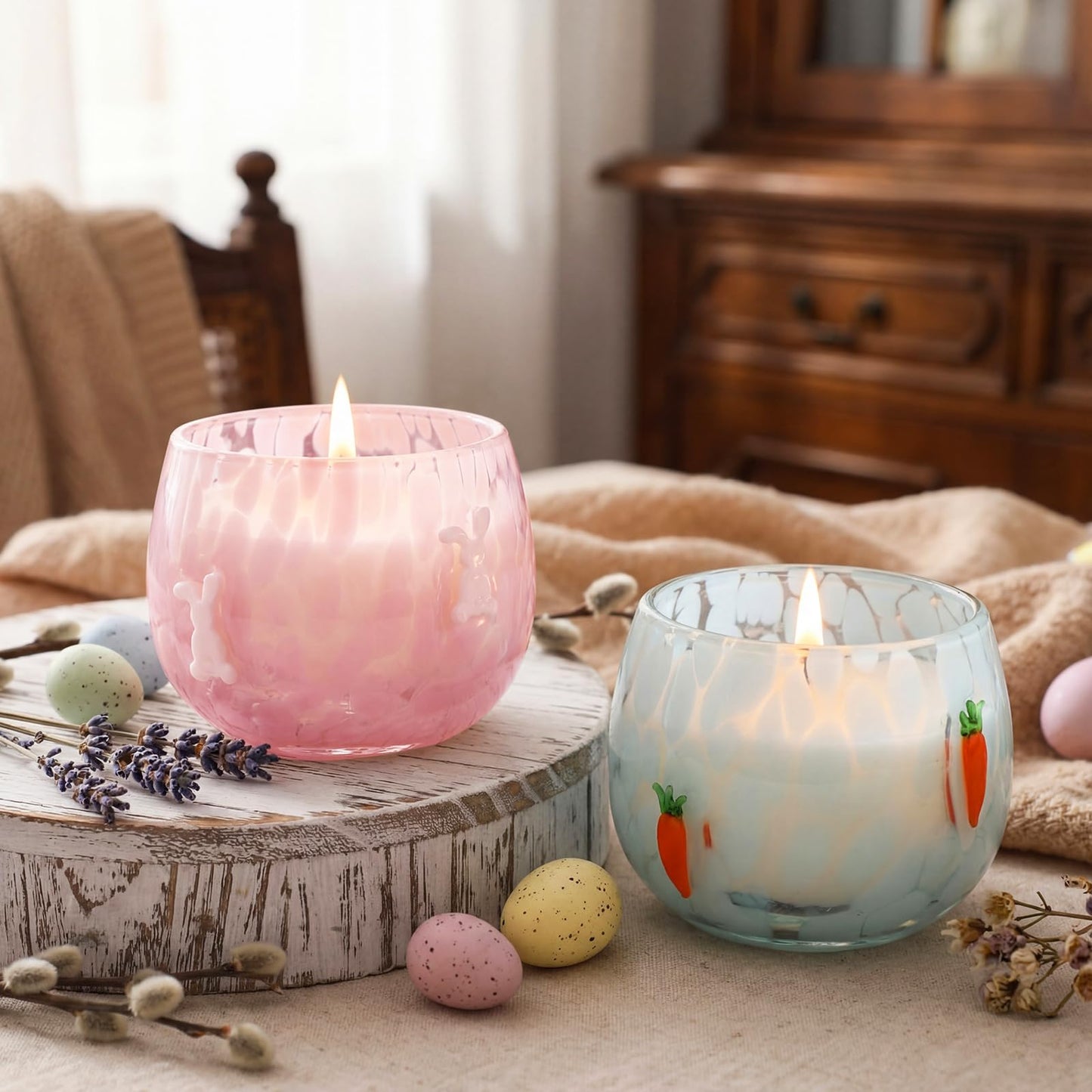 Treela Set of 2 Decorative Spring Easter Candles, 7oz Bunny & Carrot Soy Wax Icon Glass Jar Candles, Spring Home Table Centerpiece Decor, Easter Gift for Women Party Favor