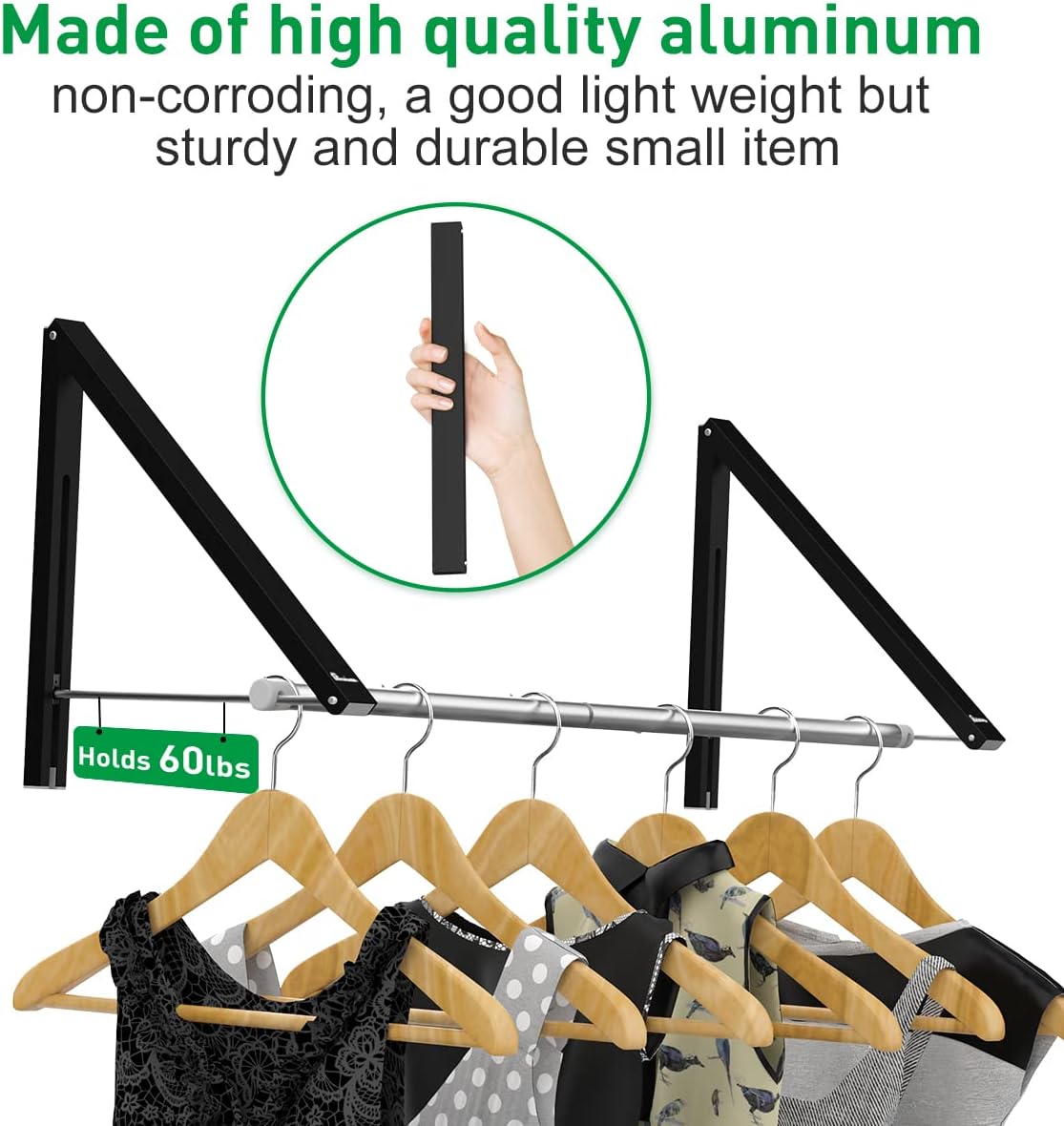 Anjuer Retractable Clothes Rack - Wall Mounted Folding Clothes Hanger Drying Rack for Laundry Room Closet Storage Organization, Aluminum, 2 Racks with Rod (Black)