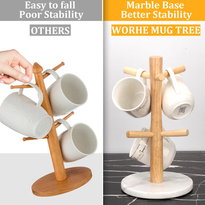 WORHE Mug Holder Marble Base with 6 Hooks Coffee Cup Rack Organizer for Countertop, Round Mugs Stand Hanger for Kitchen Counter Cabinet Bar Accessories and Home Decor White (MH001)
