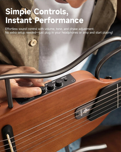 Donner HUSH I Guitar For Travel - Portable Ultra-Light and Quiet Performance Headless Acoustic-Electric Guitar, Mahogany Body with Removable Frames, Gig Bag,and Accessories