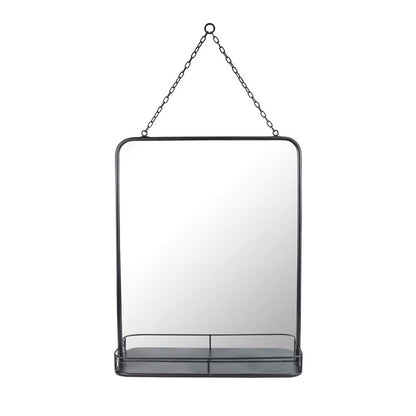 Stonebriar 21" x 16" Rectangle Black Metal Wall Mirror with Hanging Chain and Shelf, Decorative Industrial Decor for the Living Room, Bedroom, Bathroom, Hallway, and Entryway