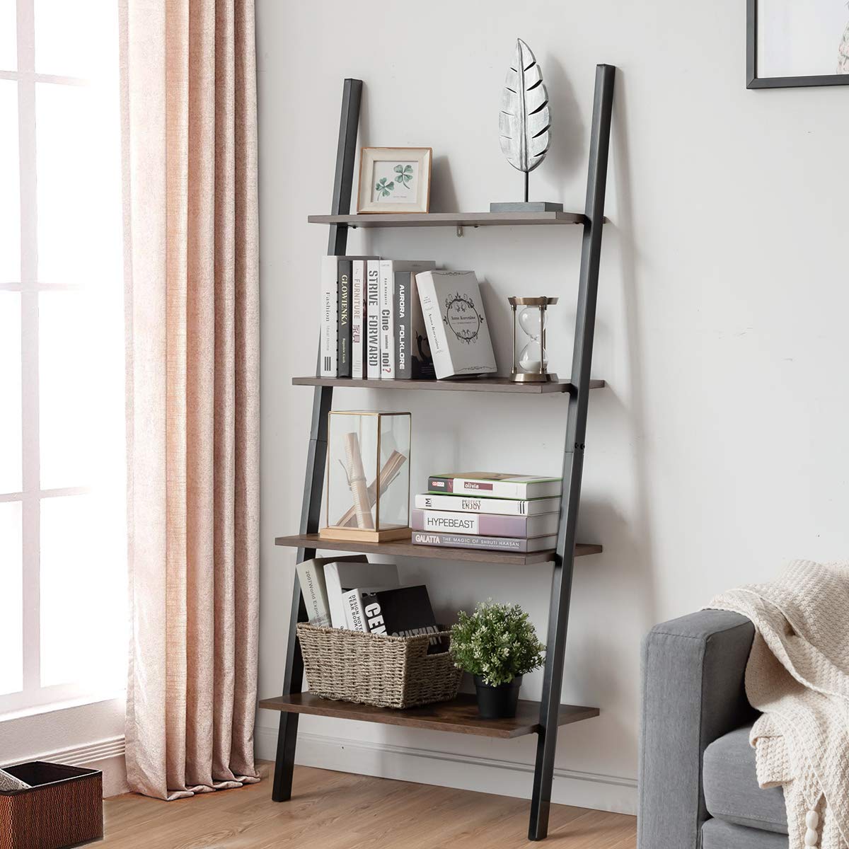 Tangkula Industrial 4-Tier Ladder Shelf, Leaning Against The Wall Bookshelf for Living Room Office, Multipurpose Storage Rack Shelves with Metal Frame, Plant Flower Stand (Rustic Brown)