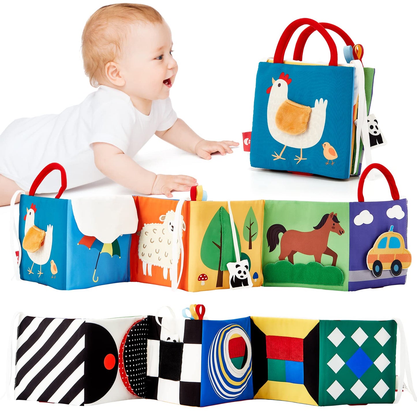 hahaland Baby Toys 0-6 Months - High Contrast Newborn Toys - Baby Tummy Time Books 0-6 Months with Crinkle, Squeaky Sounds, Touch Feel, Visual Stimulation - Baby Shower Gifts