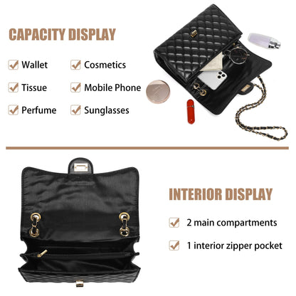 Quilted Crossbody Purse for Women Trendy Ladies Shoulder Bag with Chain Strap PU Leather Cross Body Bags Satchel HandBag,Black