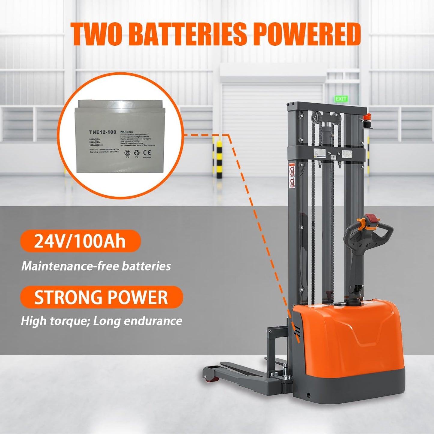 Tory Carrier Full Electric Walkie Stacker Material Lifts with Straddle Legs 98 inches Lifting Height with Adjustable Forks 3300lbs Capacity