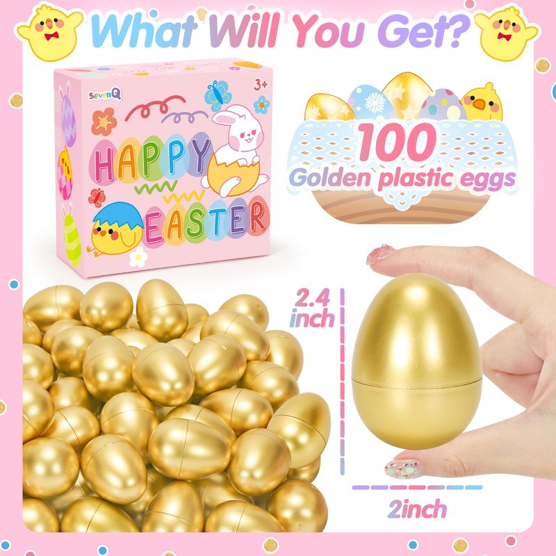 SevenQ Easter Eggs Empty 100Pcs, Fillable Plastic Golden Eggs for Easter Basket Stuffers Fidget Toy Easter Gifts for Kids Party Favors Pinata Treasure Box Candy Goodie Bags Fillers Egg Hunt Essentials