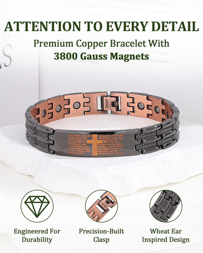 Fashtour Copper Cross Bracelet for Men, Ultra Strength Magnetic Jewelry, Rice-Ear Design Adjustable Copper Biblical Cross Bracelet with Sizing Tool & Box (Black)