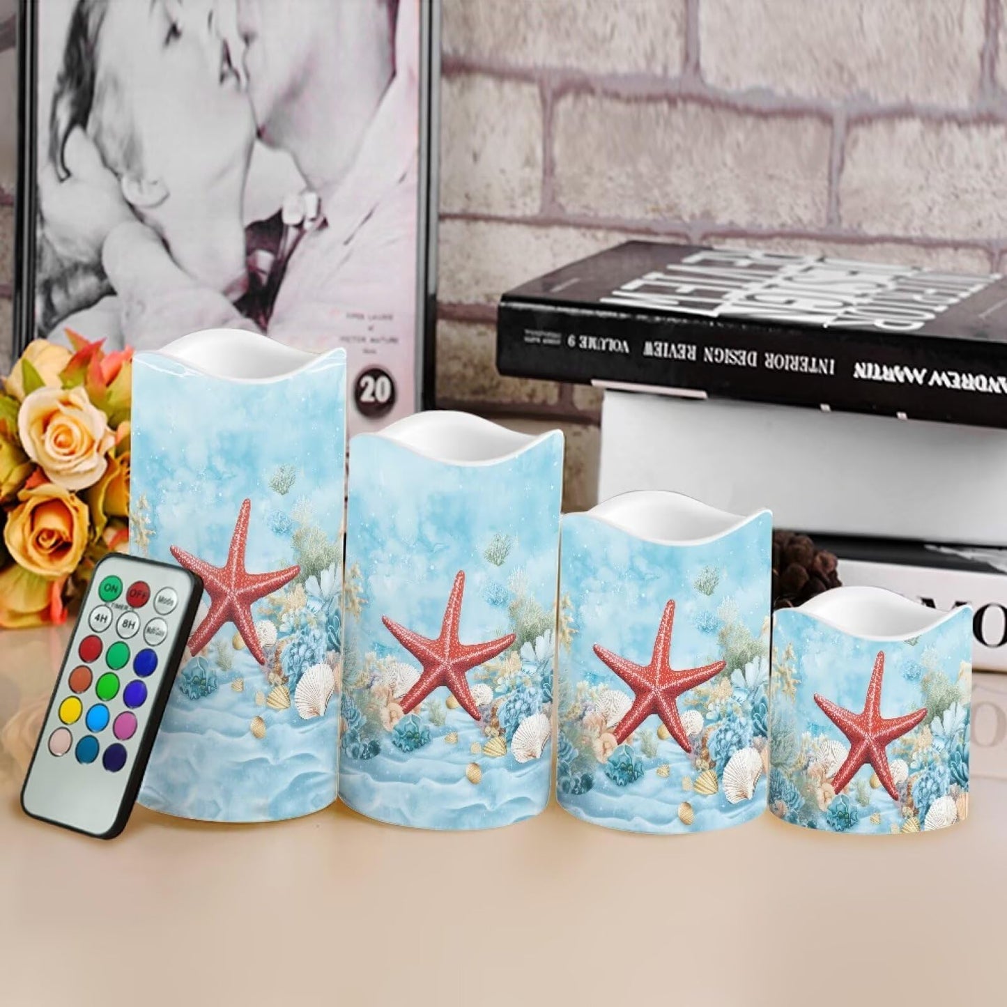 Cozeyat Starfish Sea Flameless Candles Set of 4 Battery Powered LED Pillar Candles with Remote Timer Flickering for Indoor Outdoor Table Beach Decor