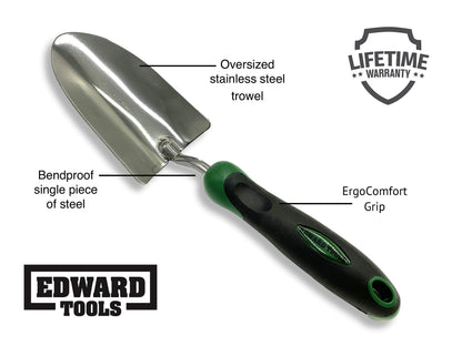 Edward Tools Bend-Proof Garden Trowel - Heavy Duty Polished Stainless Steel - Rust Resistant Oversized Garden Hand Shovel for Quicker Work - Digs Through Rocky/Heavy soils - Comfort Grip (1)