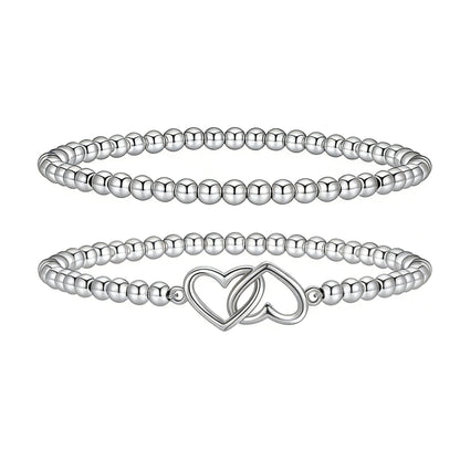 Silver Beaded Bracelets for Women 14K Silver Double-heart Bracelet Handmade Stackable Bracelets for Women Trendy Non Tarnish Bracelet Jewelry Gift for Womens 2Pcs (08.Double-heart+Beaded (Silver))