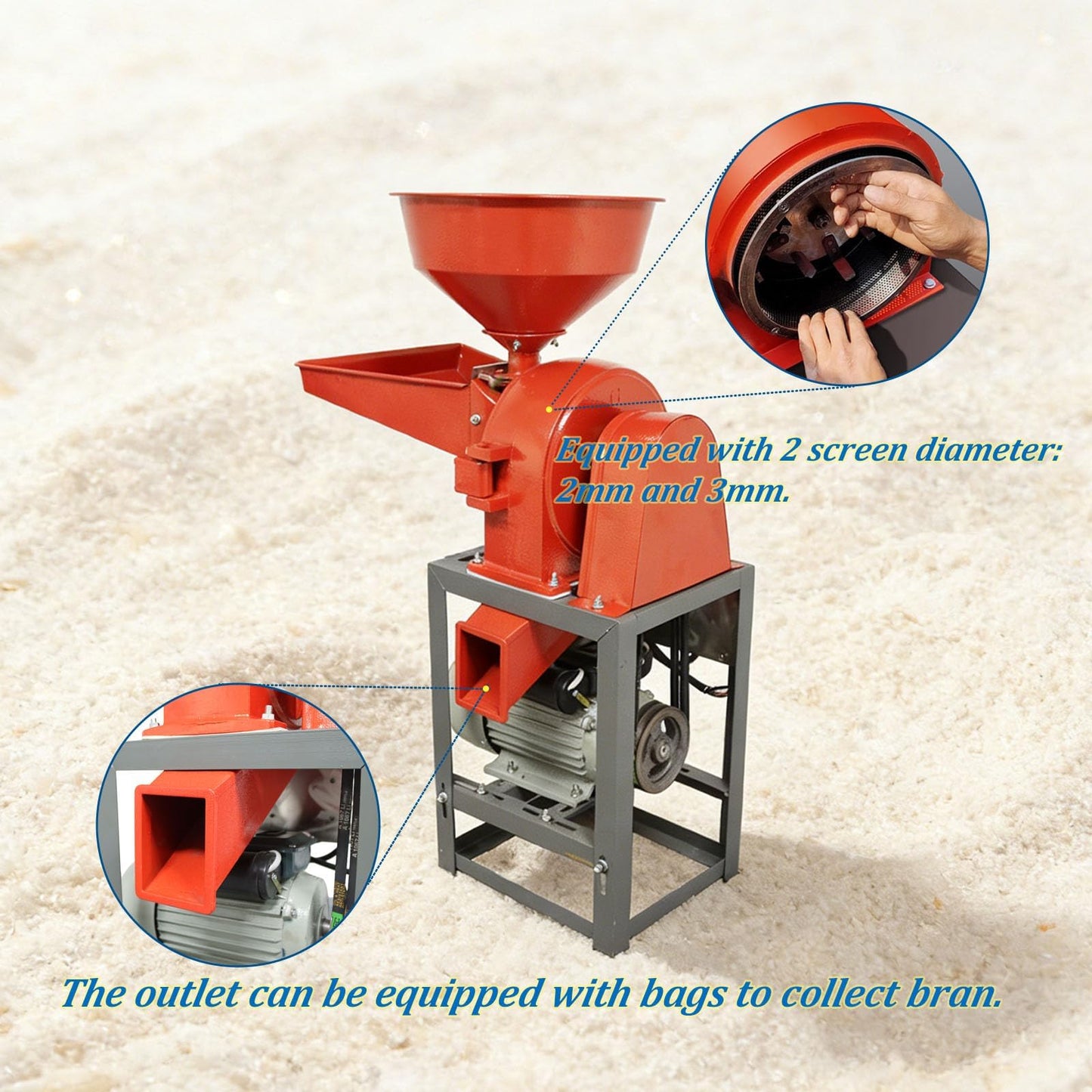 JARYANNIX 220v 2.2KW Commercial Corn Grind Machine with 2 Replace Screens, 330LB Grain Mill Grinder with 2 Feeding Hoppers,Cast iron Bean Mill Grinder