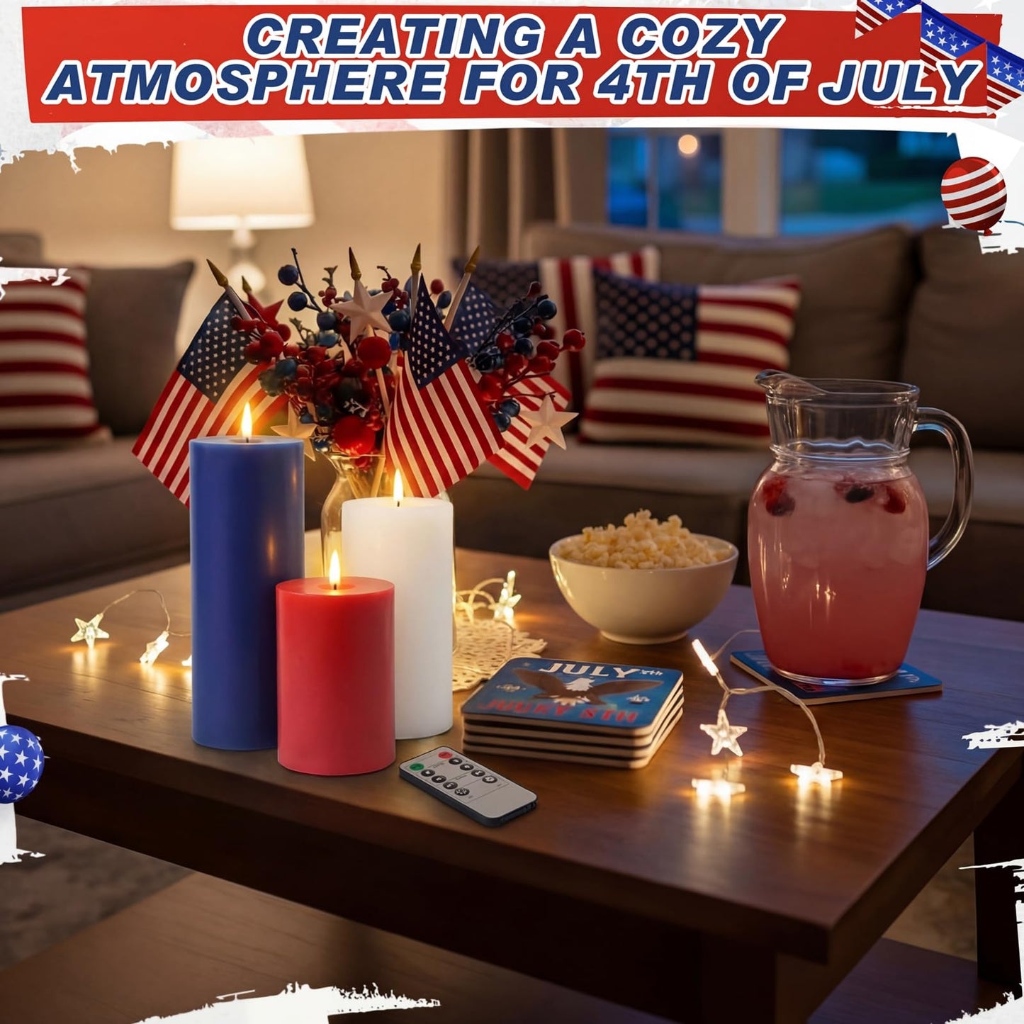 Retisee 3 Pcs 250th Anniversary Large Flameless LED Candles with Remot & Timer, 4th of July Red White Blue Battery Operated Wax Pillar Candles for USA American Patriotic Party Decorations