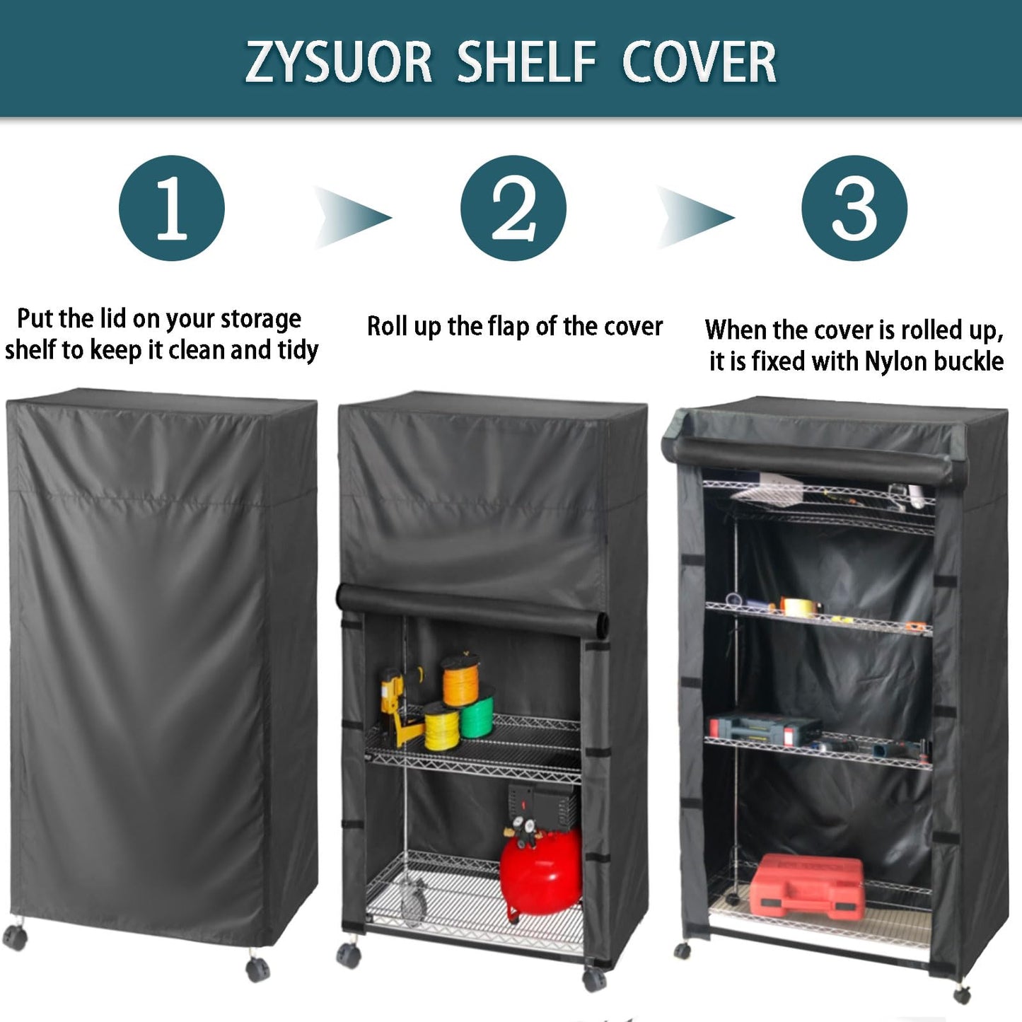 ZYSUOR Shelving Cover Storage Shelf Wire Rack Cover,48" W x 18" D x 72" H,Nylon Buckle Design on Both Sides of The Front for Easy Access to Items (No Shelves,Black)