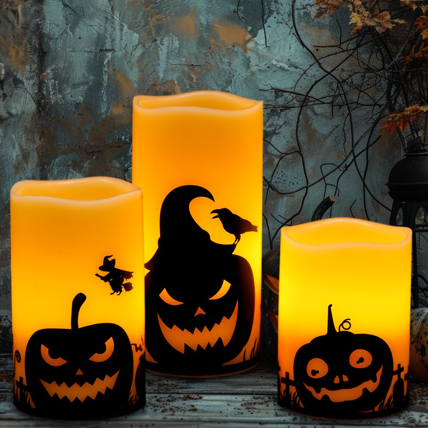 GenSwin Halloween Pumpin Flameless Candles, LED Battery Operated Pillar Pumpkin Candles with 6H Timer, 3 Pack LED Flickering Candles for Fall Spooky Halloween Decoration(D3 xH4 5" 6")