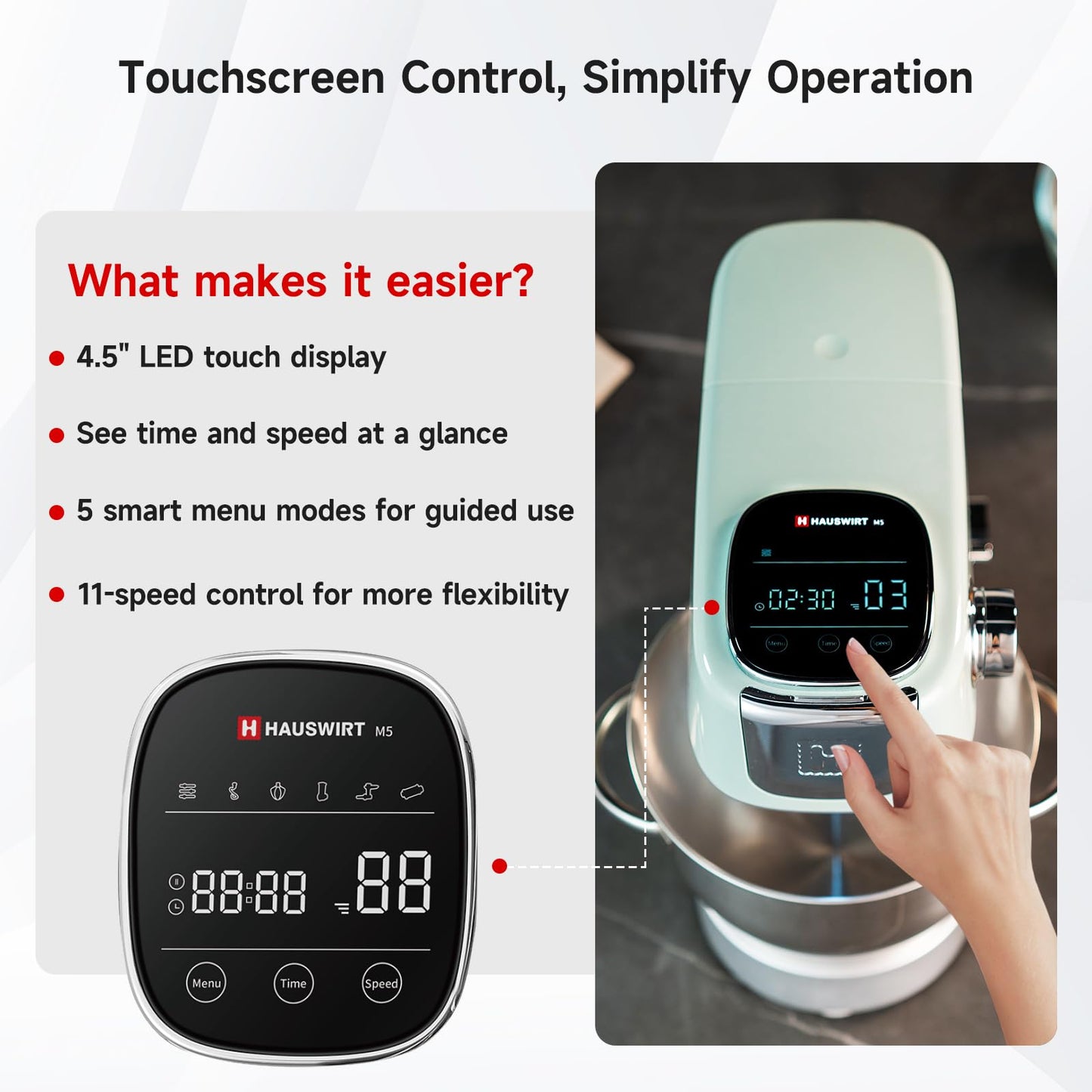 Hauswirt Stand Mixer Silent with LED Touch Screen, 5.3QT XL Large Mixers Kitchen Electric Stand Mixer for Household, 500W DC Motor 11-Speed for Bread Pasta Meat – Lake Green