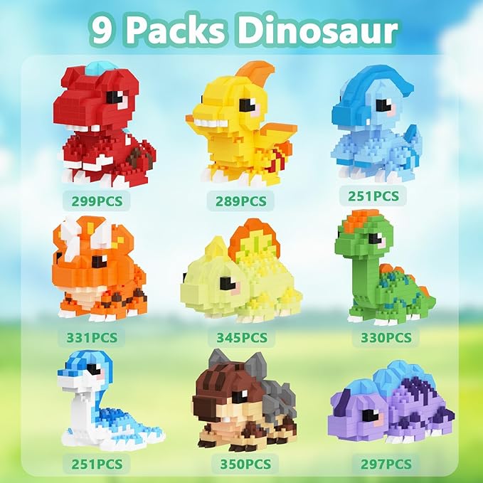 9 Packs Mini Building Set Dinosaur Toys for Adult Cut Dionsaur Building Blocks Party Favors Toys Assemble Game Home Decor Creative Birthday Gifts 14+