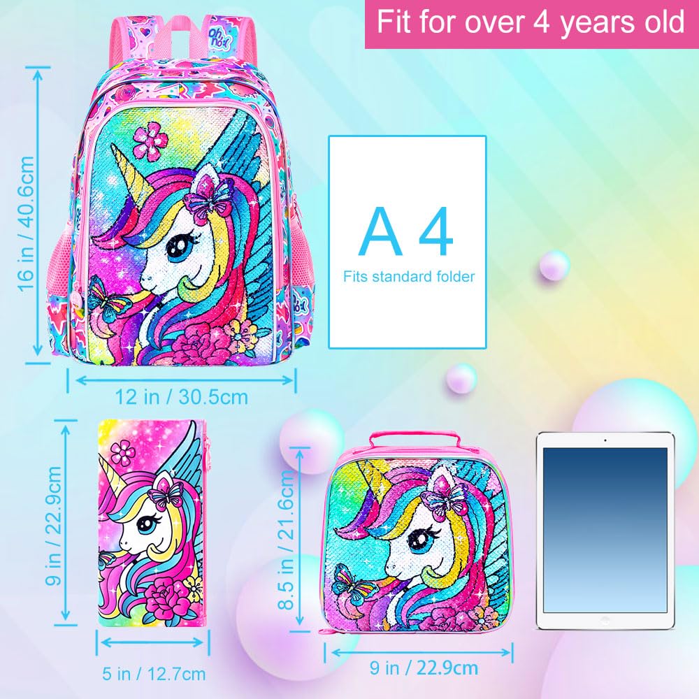 ZLYERT 3Pcs Unicorn Backpack for Girls, Sequin Bookbag for Elementary Preschool Students, 16" Kids Backpacks with Lunch Box(Pink)