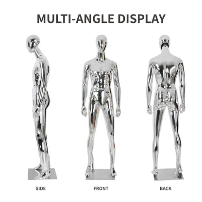 Full Body Male Mannequin with Chrome Metallic Finish, Fiberglass Abstract Dress Form with Posable Head, Futuristic Retail Display Dummy with Metal Base for Men's Fashion Window(Chrome Gold)
