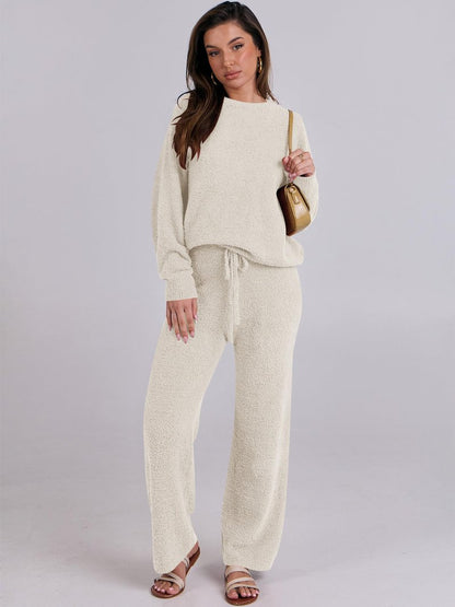 ANRABESS Women's 2 Piece Pajama Sets Long Sleeve Top Wide Leg Pants Fuzzy Fleece Lounge Matching Set 2025 Fall Winter Outfits Beige Medium