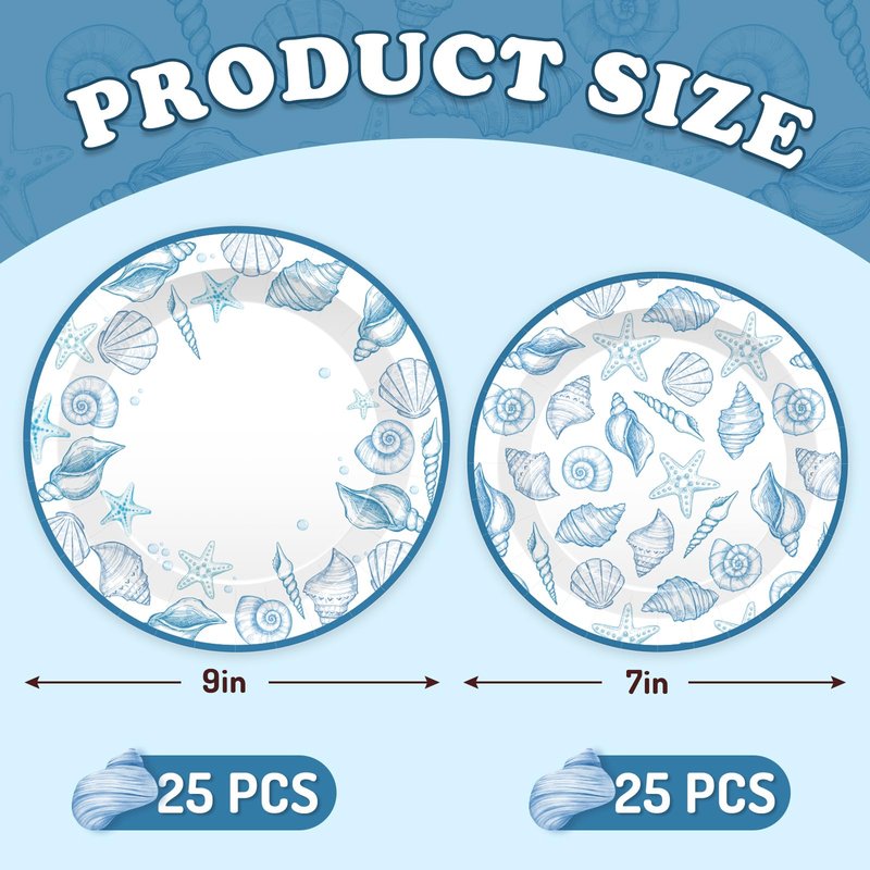 FYSUIMU 50 Pcs Ocean Paper Plates Blue Seashell Disposable Plates 7 & 9 Inch Summer Sea Beach Theme Dessert Plate for Birthday Baby Shower Wedding Party Tableware Supplies