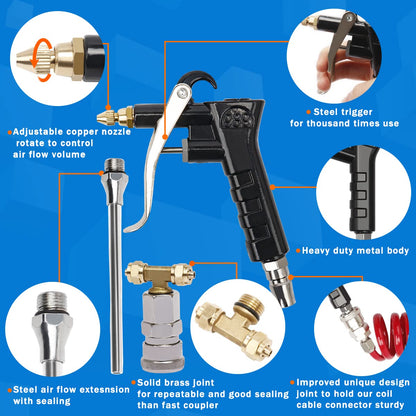 Boeray Heavy Duty Truck Air Duster Blow Gun Cleaning with 9 Meter Long Coil and 2 interchangeable nozzle tips- Green Air Seat Blow Gun Kit