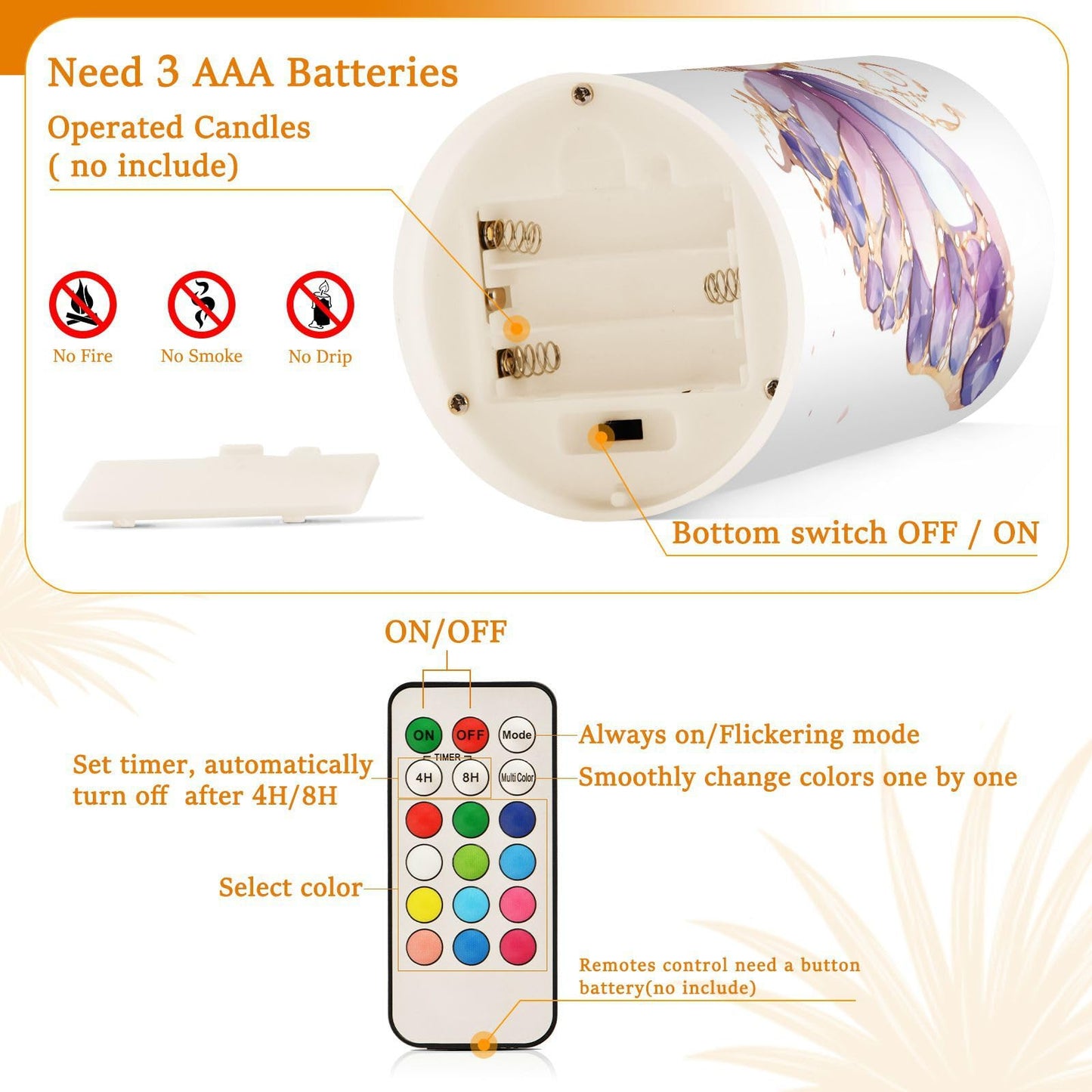 ALAZA Purple Butterflies Flickering Flameless Candles Battery Operated with Remote Timer,Tea Light Candles LED Pillar Votive Candles Set of 2 for Outdoor Indoor Decorations