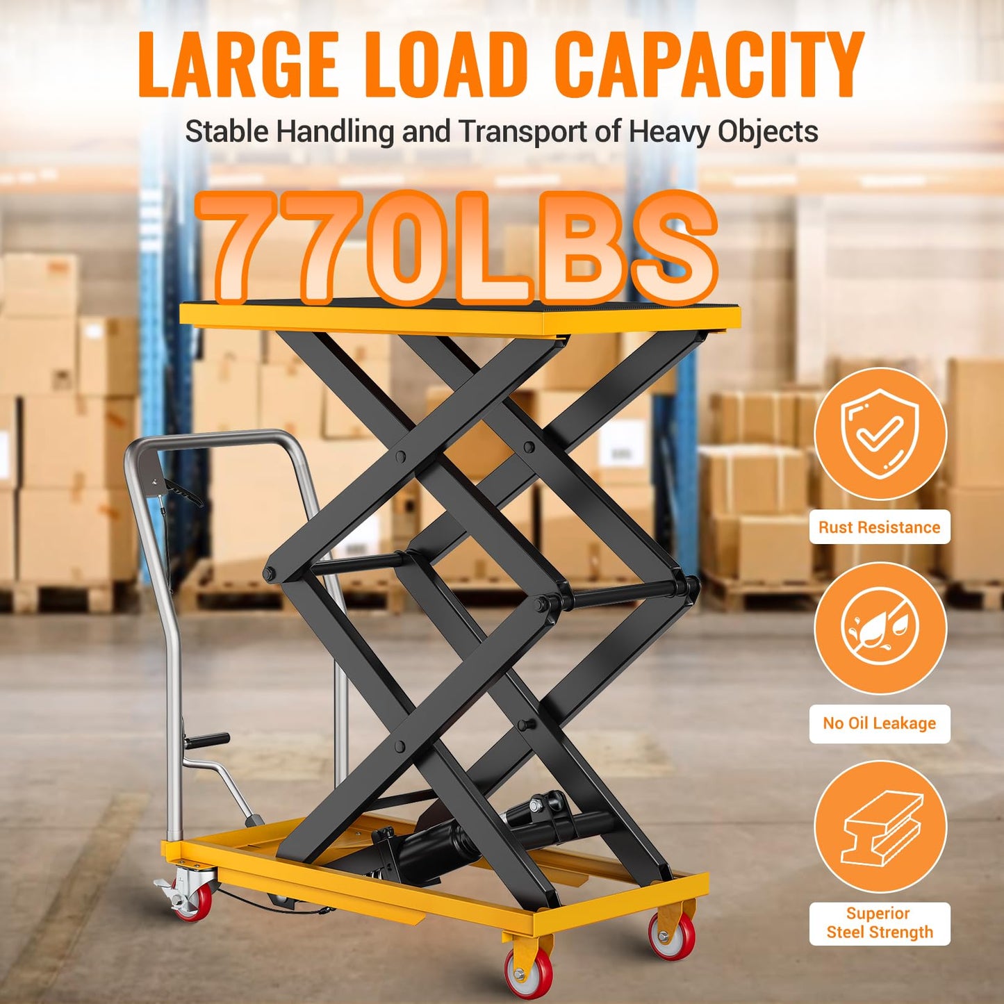 Garvee Hydraulic Lift Table Cart, 770lbs Capacity 50" Lifting Height, Manual Double Scissor Lift Table with 4 Wheels and Non-Slip Pad, Hydraulic Scissor Cart for Material Handling, Yellow