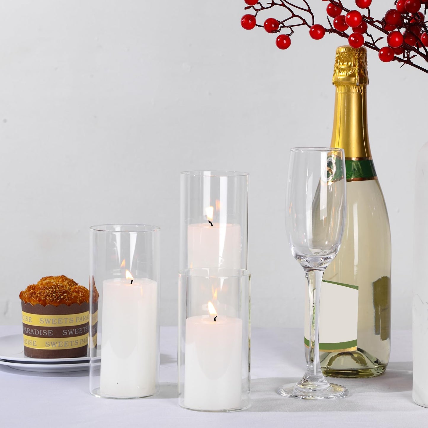 Shihanee 36 Pcs Pillar Candles and Glass Cylinder Vases Tall Cylinder Holders for Pillar Candles Wedding Centerpieces, Total 18 Sets(2.6'' X 4.7'', 5.9'', 7.9'',Clear,White)