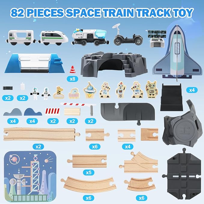 82 Pcs Wooden Train Set for Toddlers Magnetic Train with Track for Kids Ages 3-6 Compatiable with Major Brands Space Railway Playset Gifts for Boys and Girls Ages 3+