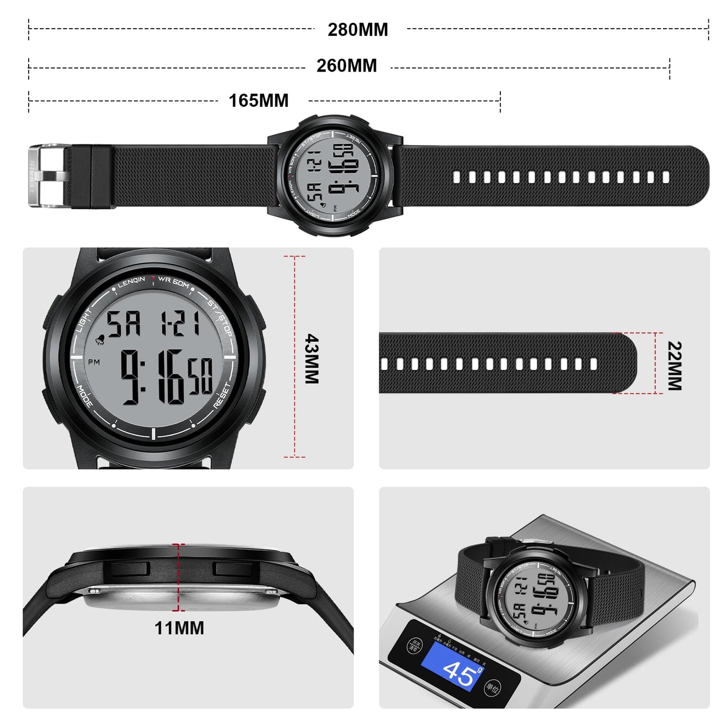HANPOSH Mens Digital Watch Ultra Thin Minimalist Sports Waterproof Outdoor LED Screen Large Face Wrist Watches for Men with Back Light Alarm Date Stopwatch