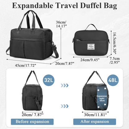 Expandable Personal Item Travel Duffle Bag Weekender Bag for Women Men, Overnight Hospital Carry On Bag with Toiletry Bag for Airplanes Travel Business Trips Sport,Black