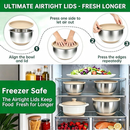 Deedro Premium Mixing Bowls with Airtight Lids Set, 22Pcs Thicker Stainless Steel Mixing Bowl Set, Large Prep Metal Bowls, Non-Slip Silicone Base Nesting Bowls for Kitchen, 1.5/2/3/4/5 QT, Khaki