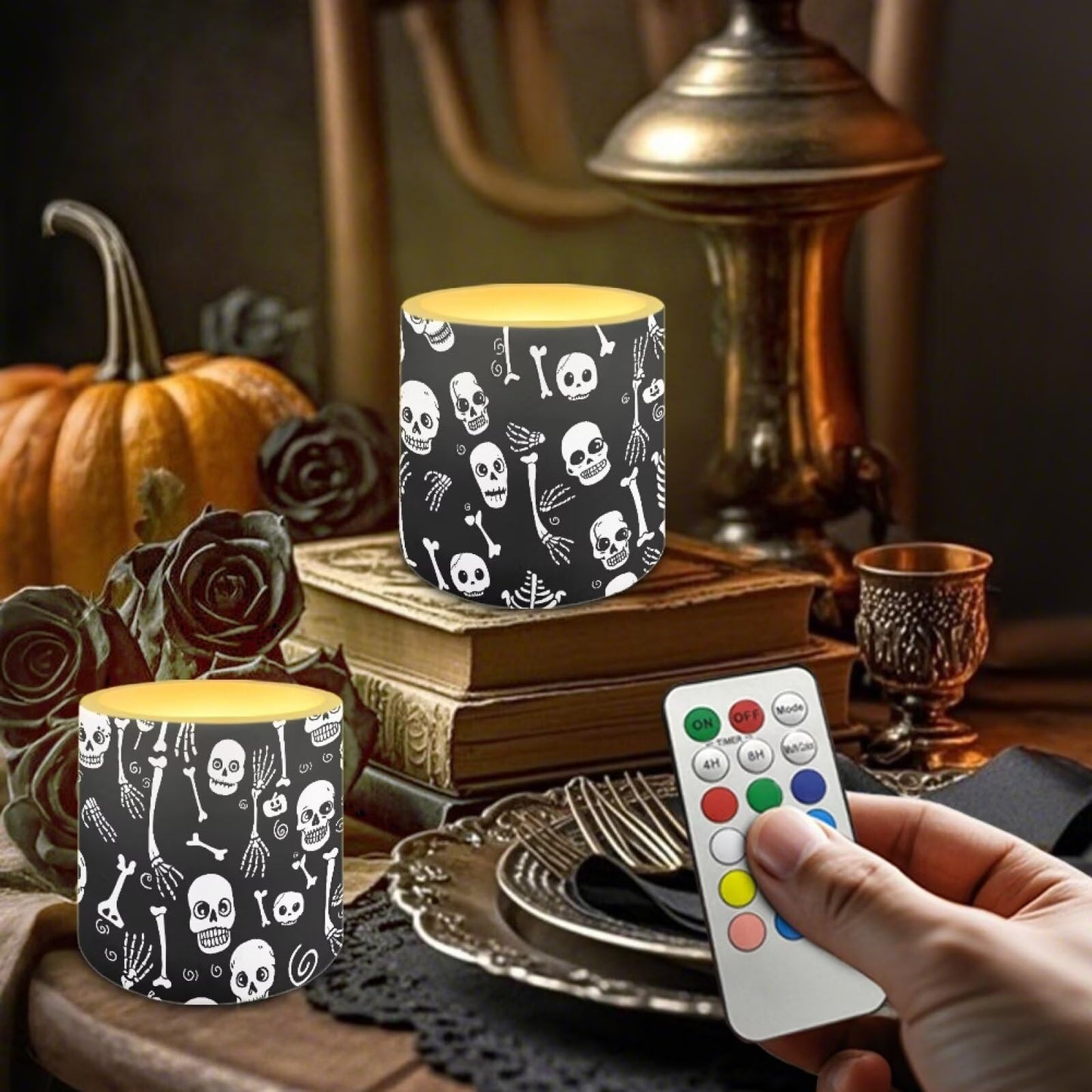 Merkmak Pack of 4 Flameless Candles with Remote, Halloween Skeleton Battery Operated Candles with Timer Waterproof Flameless Pillar Tea Lights for Indoor Outdoor Party Banquet Decorations