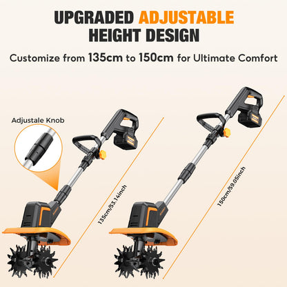 SOARFLY Upgraded Cordless Tiller for Gardening with Dual 2.0Ah Batteries, 48 Steel Tines Battery Rototiller, 9" Width 6.6" Depth Garden Tiller Cultivator for Soil, Tending & Composting (Orange)