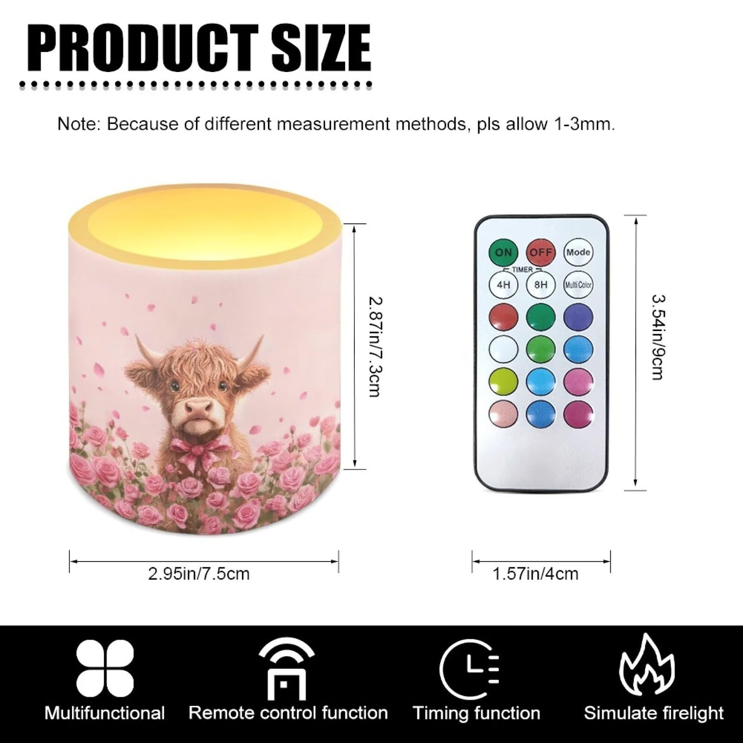 Merkmak Valentines Day Flickering Flameless Candles with Remote and Timer Battery Operated Candles Pink Rose Highland Cattle Print 4Pcs LED Pillar Tea Lights for Home Decor