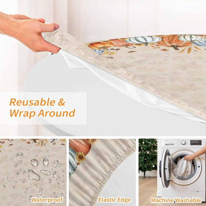 Thanksgiving Round Fitted Tablecloth 45-54inch, Autumn Pumpkin Sunflower Table Cover with Elastic Edged Waterproof Spillproof Table Cloths for Kitchen Dining Patio Holiday Tables, Fall Maple Leaves