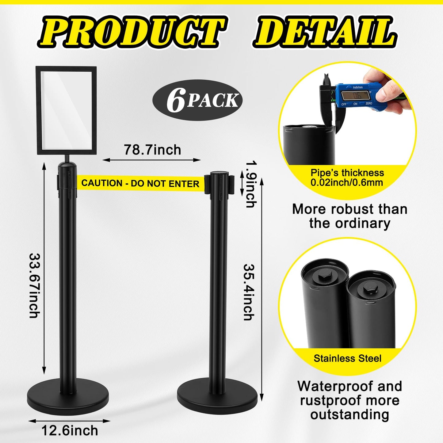 Therwen 6 Pack Heavy Duty Crowd Control Stanchions 9.8 ft Stainless Steel Stanchion Set with 6 Safety Barrier Post Retractable Belt and 1 Sign Holder Crowd Control Barrier(Caution Belt,Black)