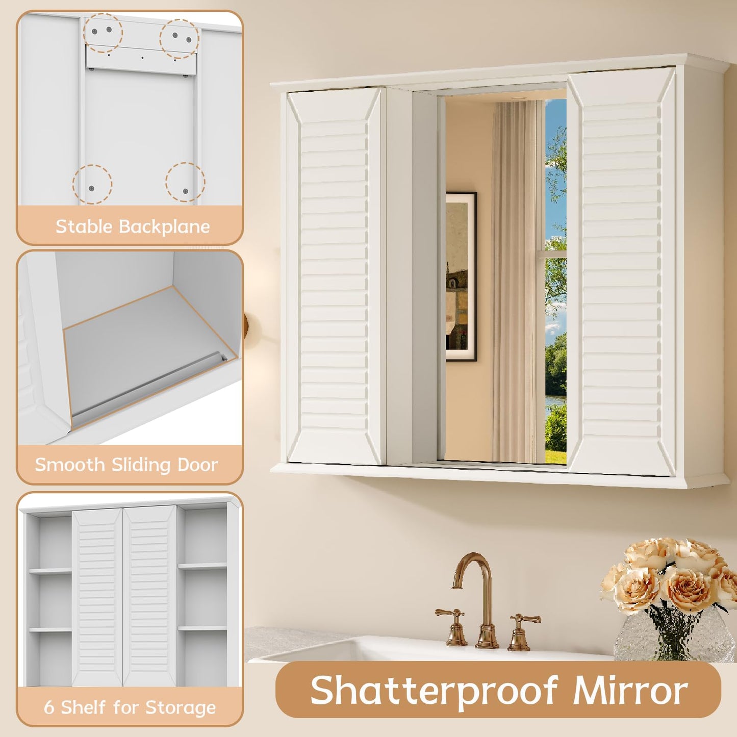 FFBCFDK Bathroom Medicine Cabinet Mirror 28.3 x 23.8 inch Bathroom Mirror with Storage Wall Mounted Medicine Mirror Cabinet Wood Organizer with 2 Door Surface Mount Farmhouse Storage Cabinet