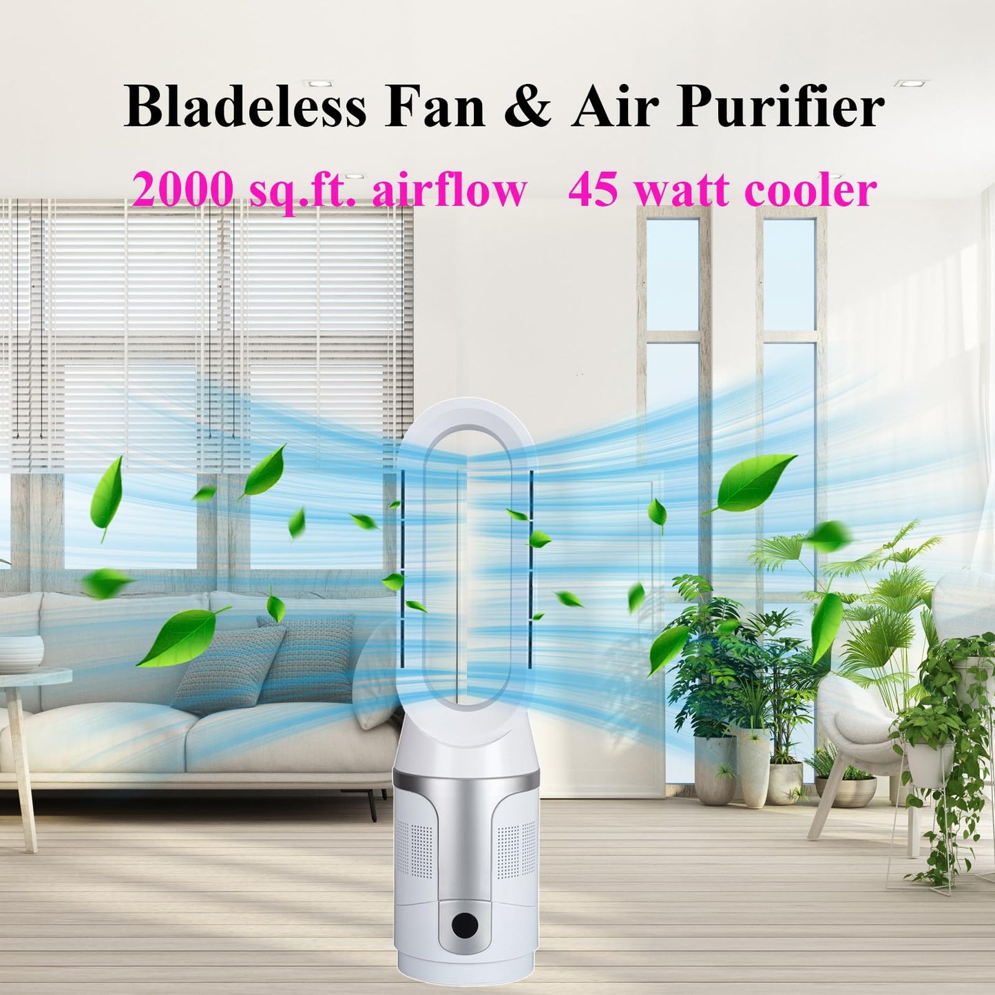 Voagupa Bladeless Tower Fan and Air Purifier, True H13 HEPA Filter, 90° Oscillating Bladeless Fan with Remote and Touch control, 9H Timer, Floor Fans for Bedroom Home Office Use, Silver White